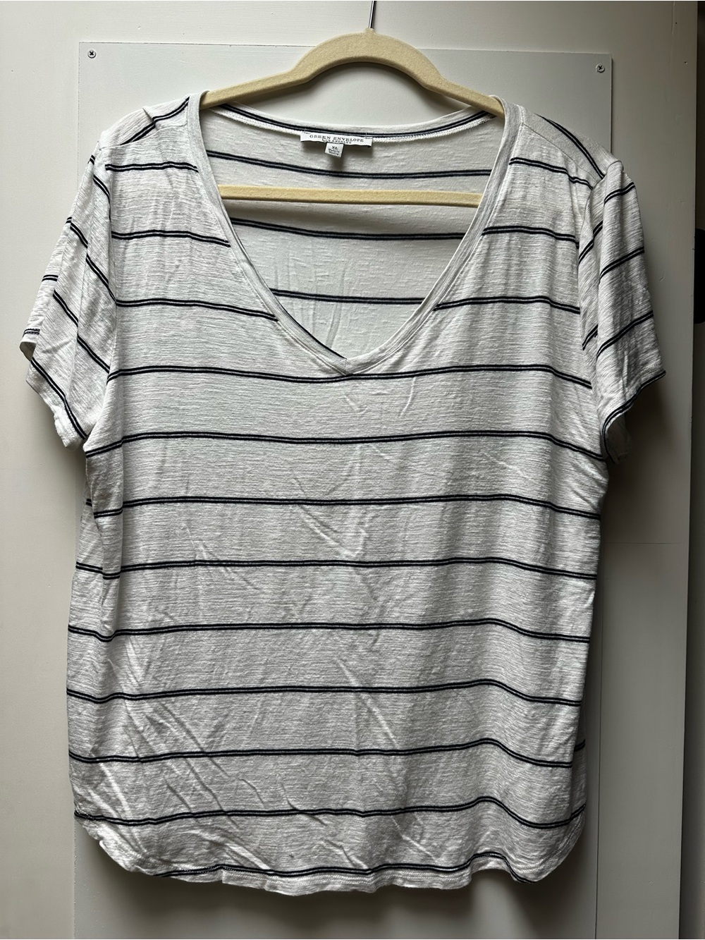 Green Envelope White V-Neck Tee with Navy Stripes